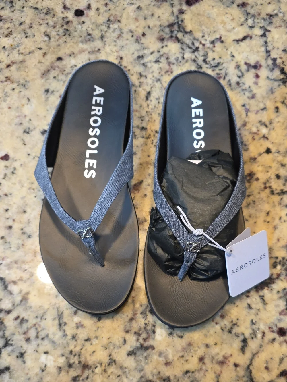 AEROSOLES Gray Denim Strap Thong Sandals